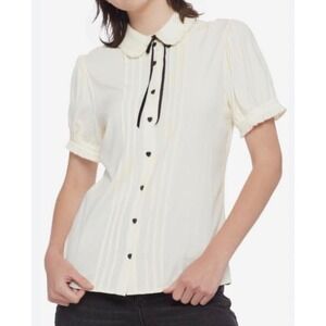 Hot Topic White Velvet Tie Blouse Peter Pan Collar Heart Buttons Small Coquette